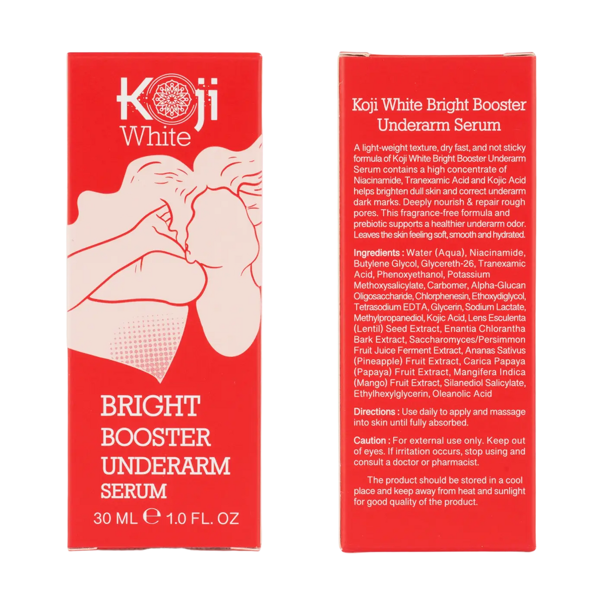 Koji White Bright Booster Achselserum in roter Flasche, Körperpflege gegen dunkle Achseln und Pigmentierung, natürliche Inhaltsstoffe