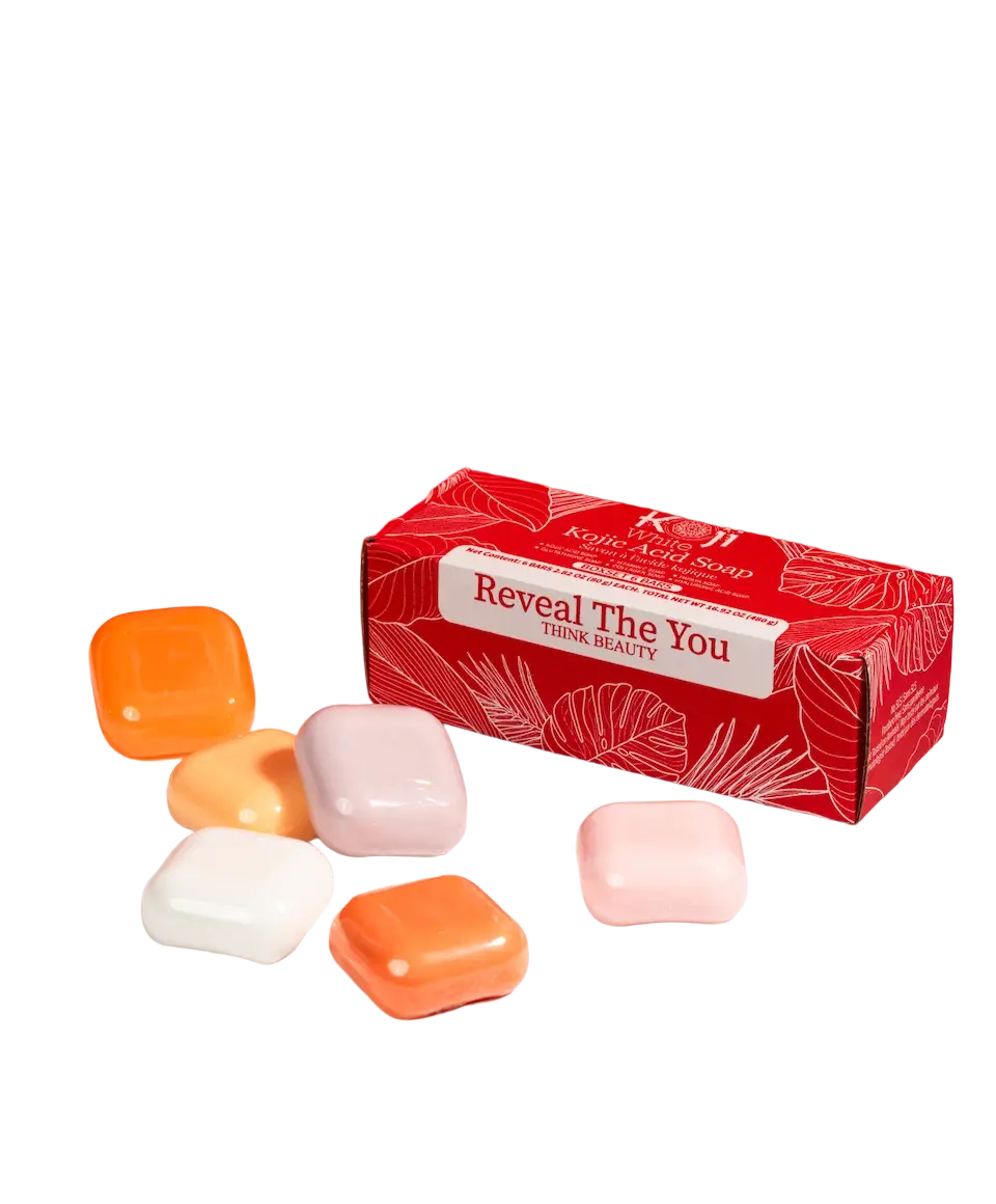 Koji White Geschenk-Set mit hautaufhellender Seife, enthält weiße Seife mit Kojisäure für strahlende Haut, schön verpackt.
