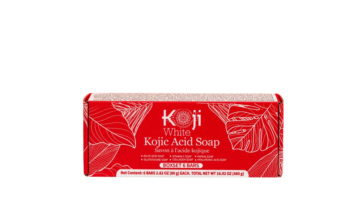 Koji White Geschenk-Set mit hautaufhellender Seife und Kojisäure, rote Verpackung, zeigt die Seife in der Verpackung.