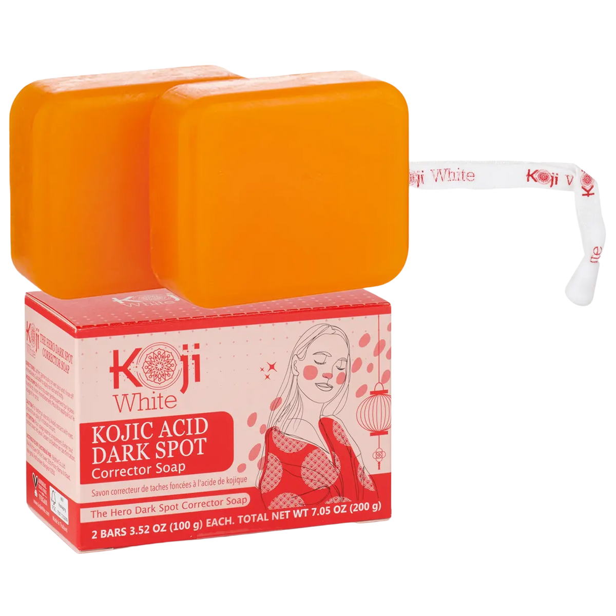 Koji White Kojic Acid Seife zur Korrektur dunkler Flecken, natürliche Hautaufhellung, sichtbare Anwendung in der Hand.