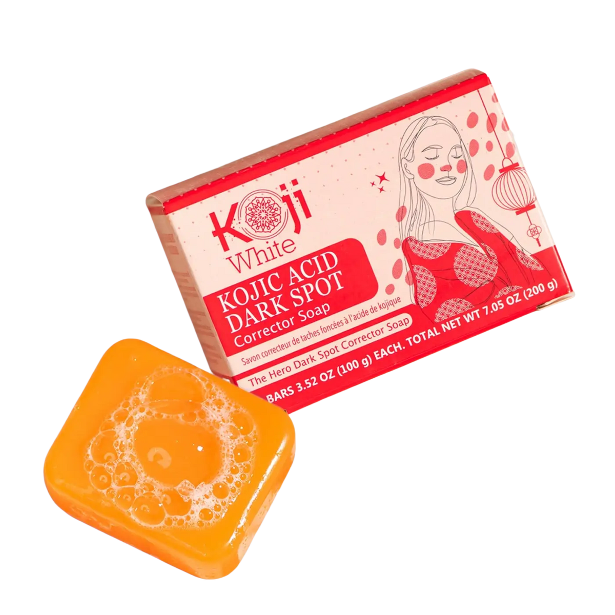 Koji White Kojic Acid Seife zur Korrektur dunkler Flecken, sichtbar in der Verpackung mit weißer Seife