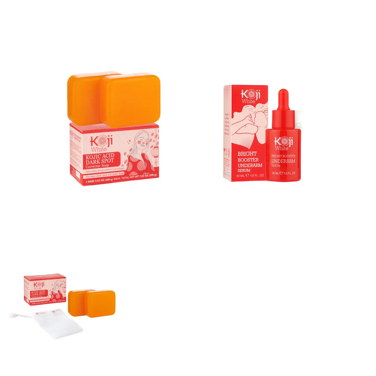 Koji White Kojic Acid Seife zur Korrektur dunkler Flecken, orangefarbene Verpackung auf der Produktverpackung sichtbar