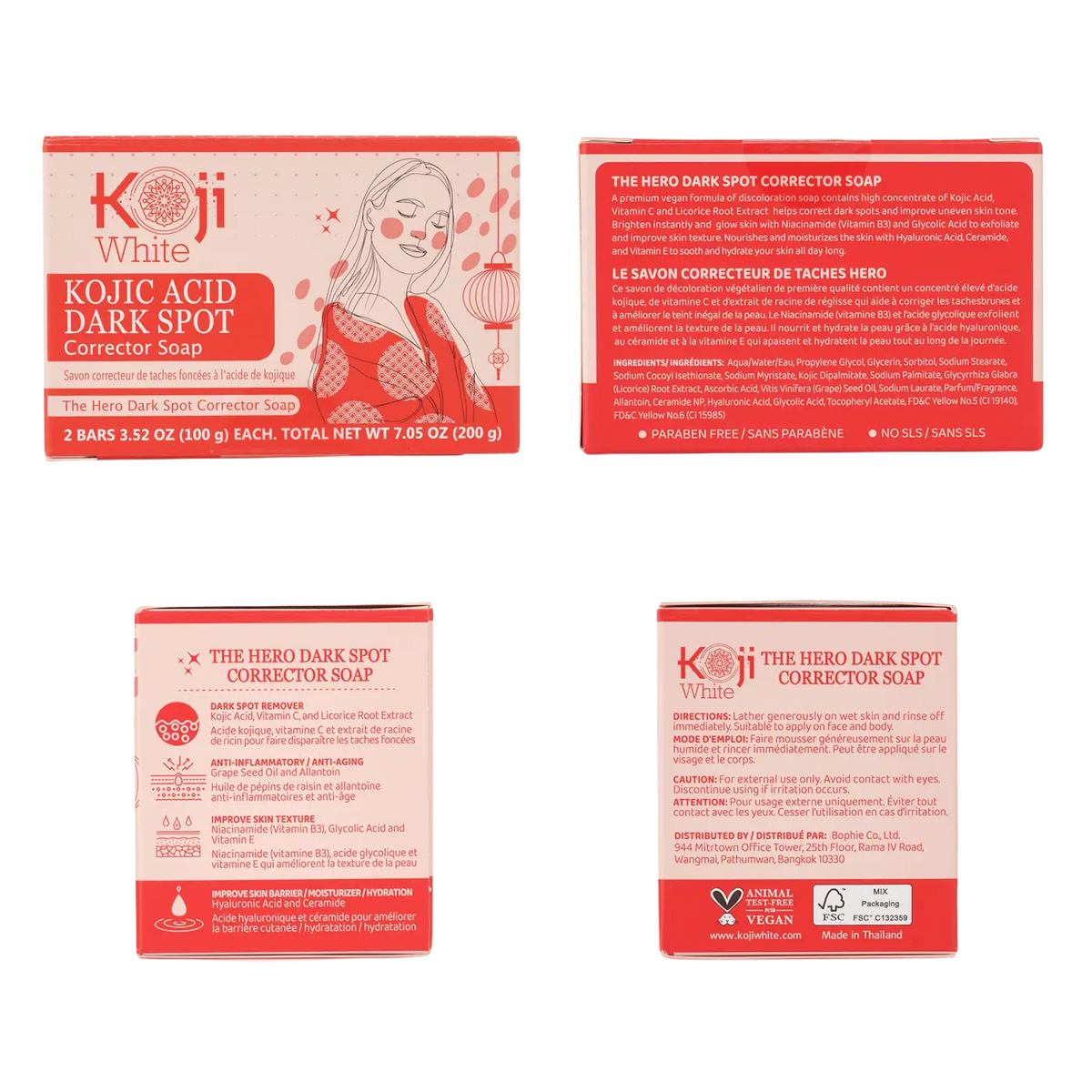 Koji White Kojic Acid Seife zur Behandlung dunkler Flecken, mit roter und weißer Verpackung, für eine reiningende Hautpflege.
