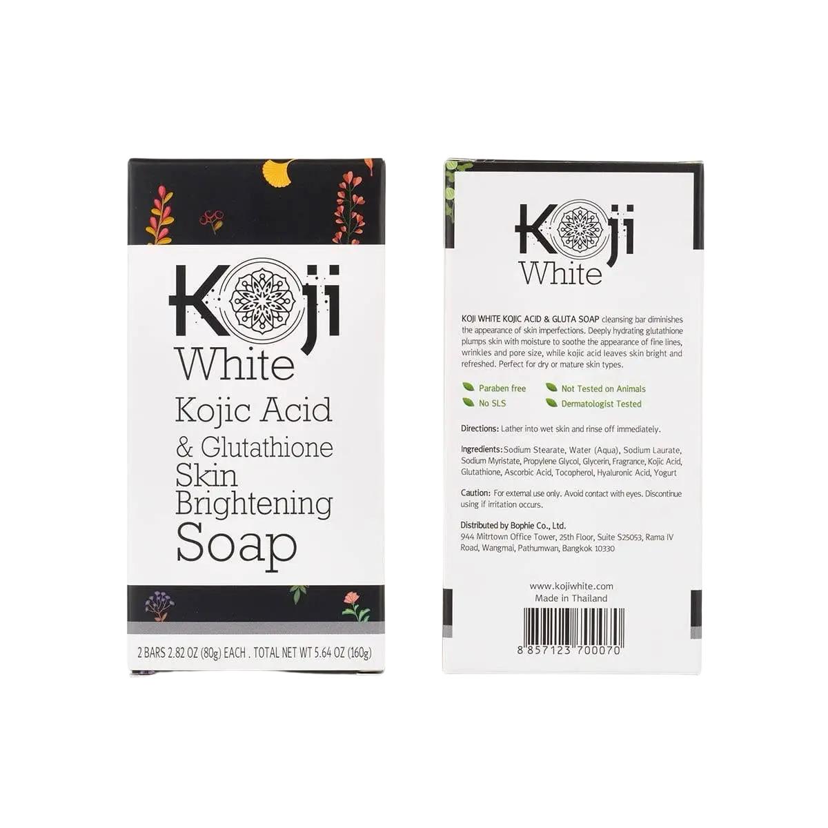 Hautaufhellende Gesichtsseife von Koji White mit Kojic-Säure und Glutathion, weiße Seife auf weißem Hintergrund