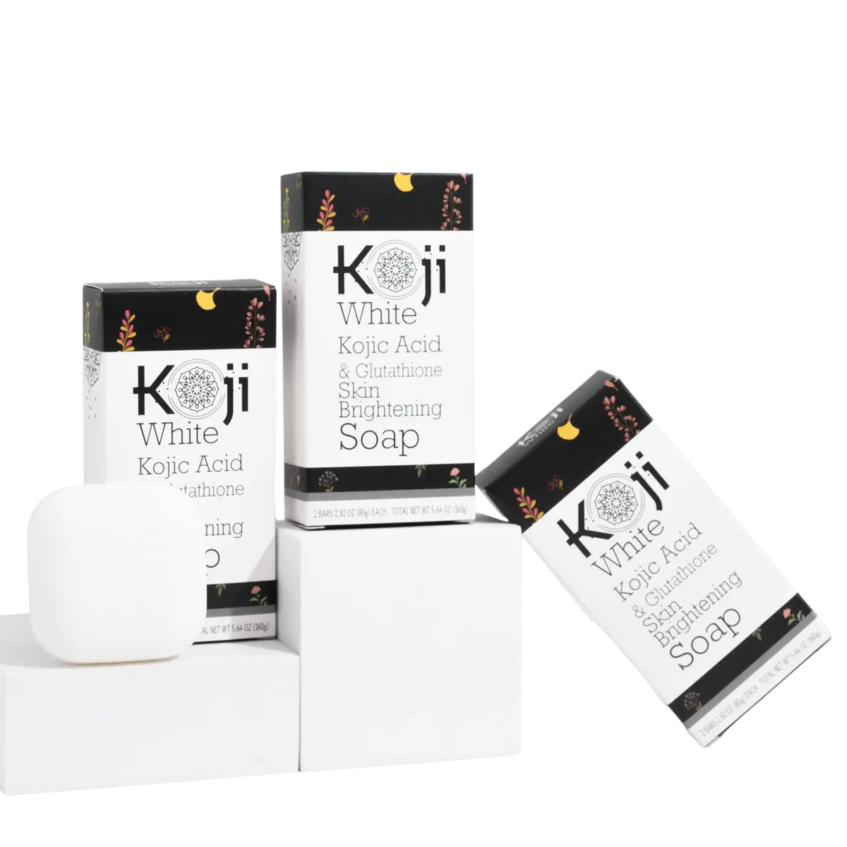 Koji White Gesichtshautaufhellungsseife mit Kojic-Säure und Glutathion, weiße Seife auf einem Badezimmertisch.