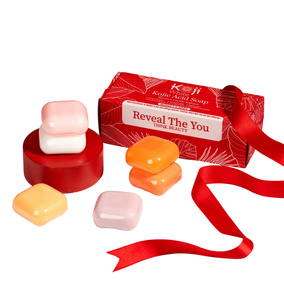 Seifengeschenkset mit 6 Kojic-Säure-Seifen von Koji White, hautaufhellende Hautpflege in dekorativer Geschenkverpackung