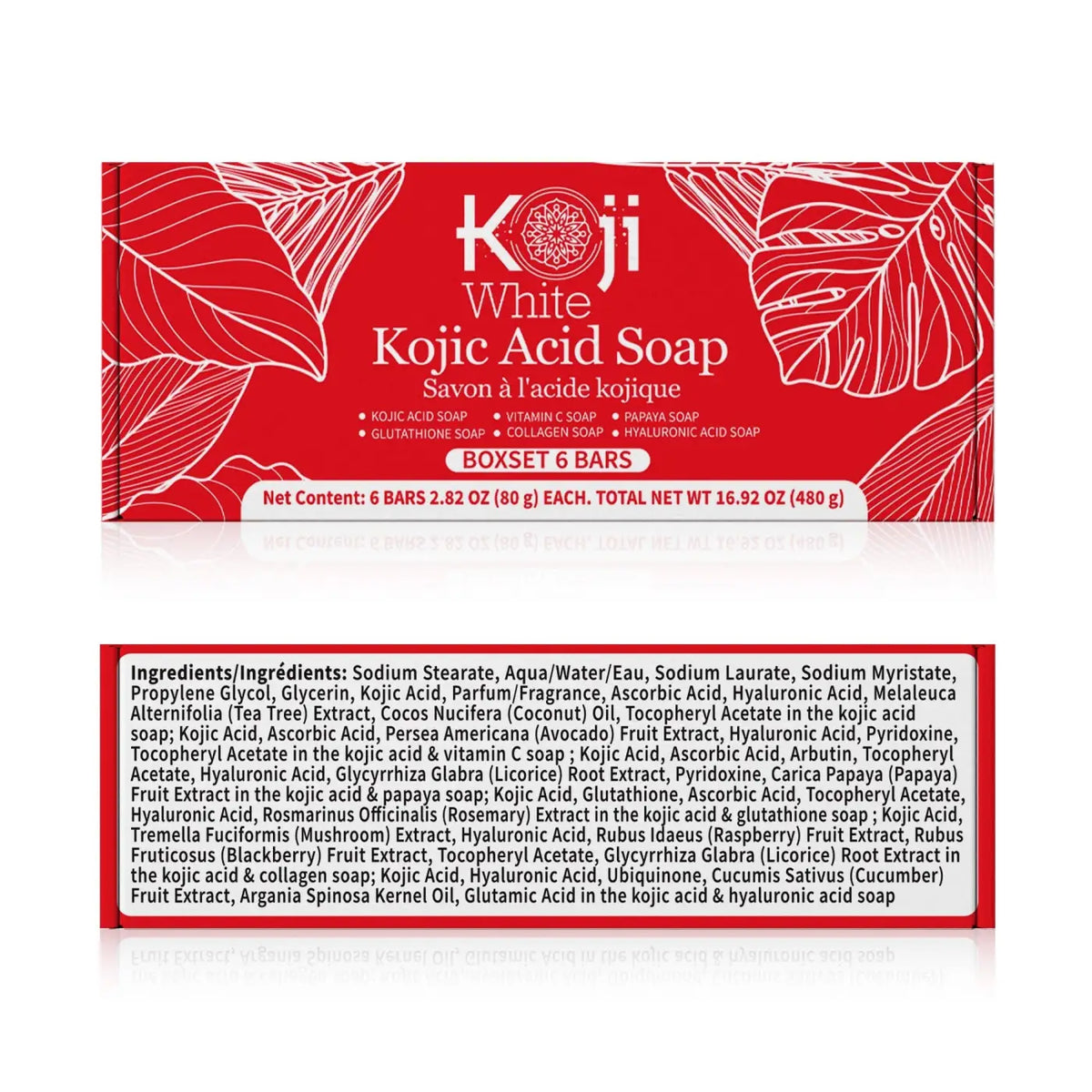 Sechs Koji White Kojic-Säure Hautaufhellende Seifen in Geschenksets, weiß und rechteckig, auf weißem Hintergrund.