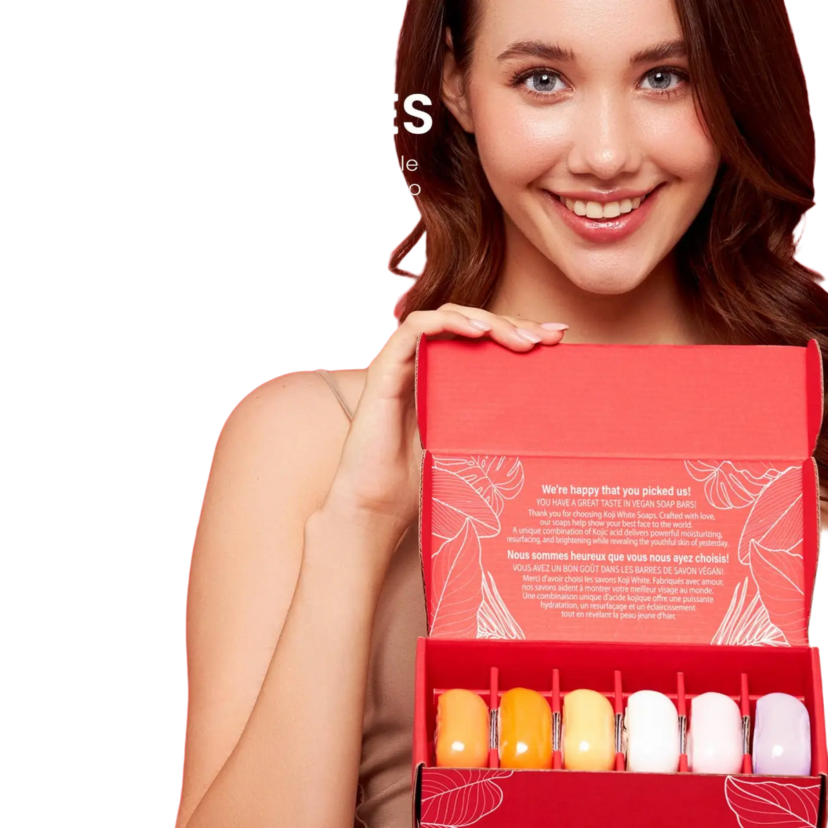 Seifengeschenkset mit 6 Kojic-Säure-Seifen von Koji White, hautaufhellende Seifen in eleganter Verpackung.