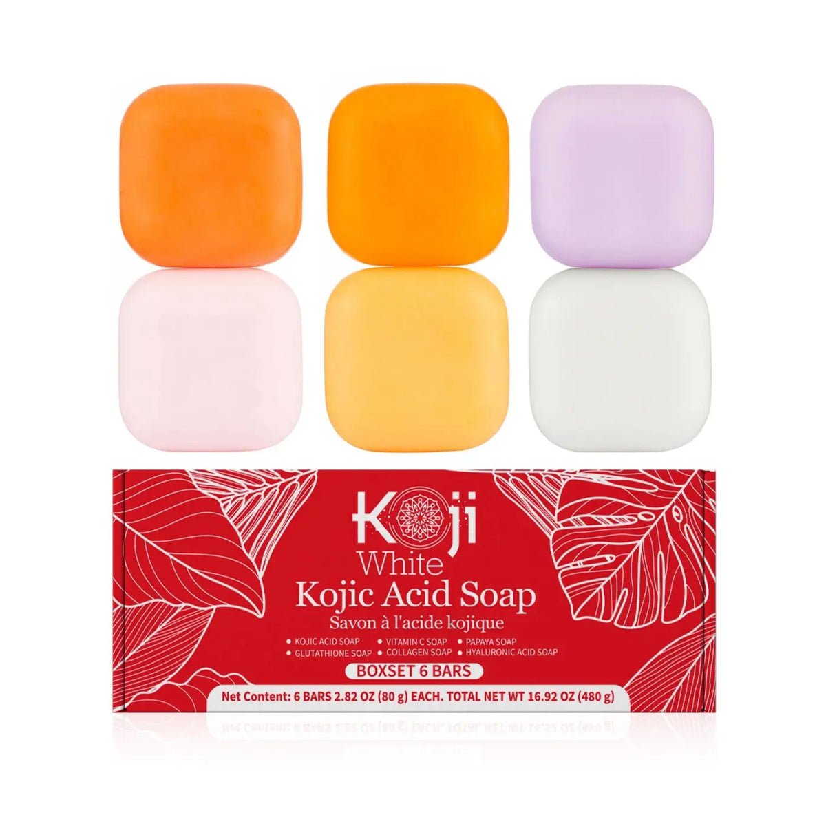 Seifengeschenkset mit 6 Kojic White Seifen zur hautaufhellenden Pflege, sichtbar in der Verpackung.