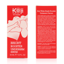 Koji White Bright Booster Achselserum in einer weißen Flasche, für die Körperpflege und Hautaufhellung.