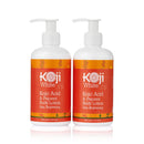 Koji White Papaya Körperlotion, Doppelpack mit 2 × 250 ml, zeigt die Lotion in einer transparenten Flasche mit Papaya-Design.