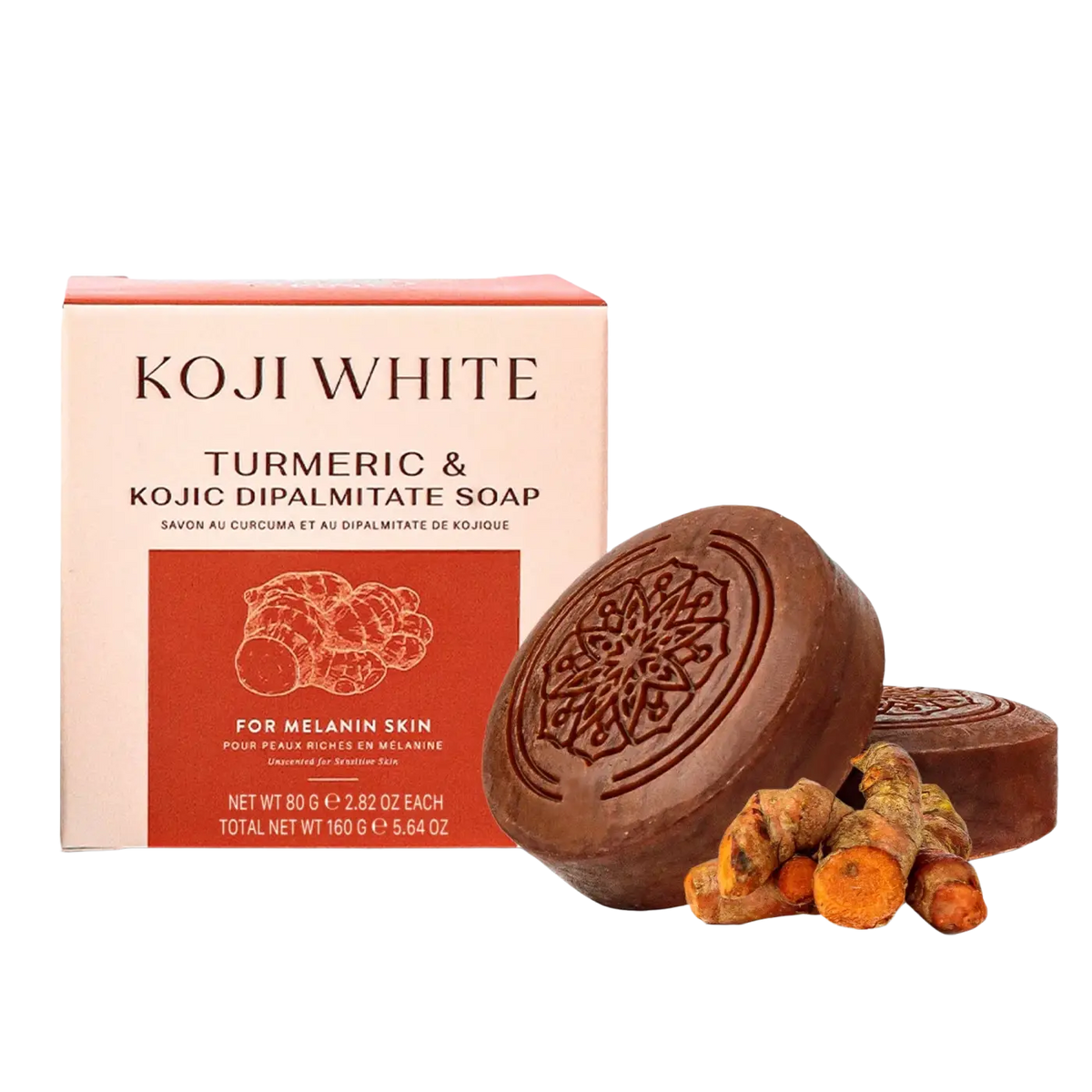 Koji White Kurkuma und Kojic Dipalmitate Seife in runder brauner Stange, natürliche Hautpflege für helleres Hautbild