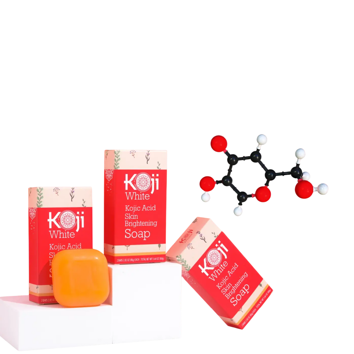 Koji White Reine hautaufhellende Seife mit Kojisäure, weiß und orange, zeigt die Seifenform auf einem weißen Hintergrund.