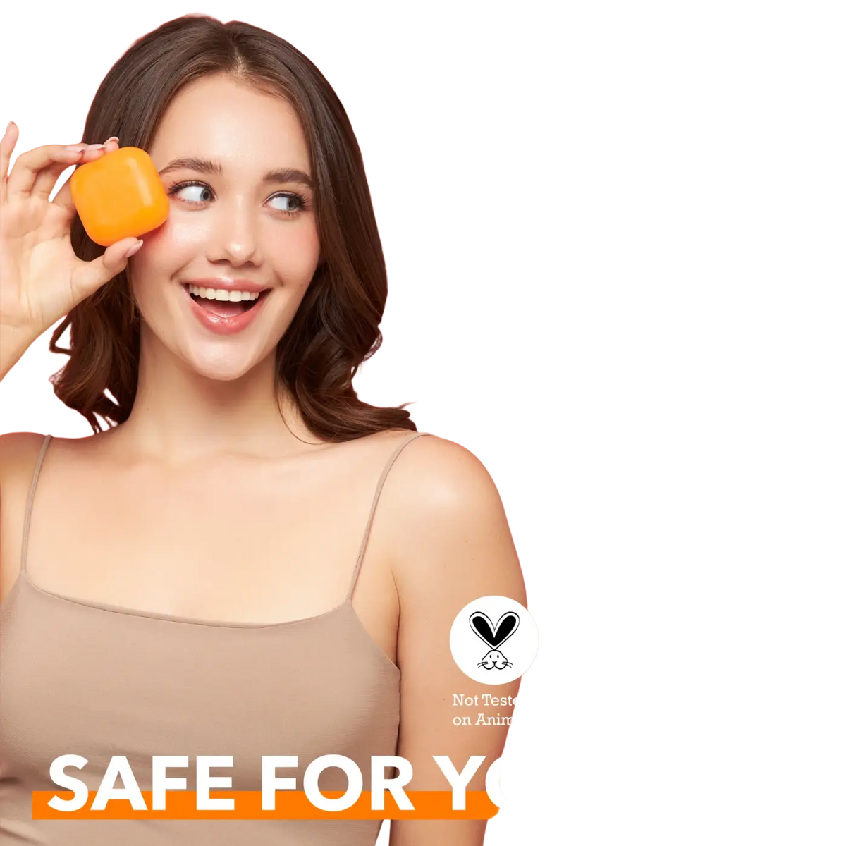 Orangenfarbene Koji White Reine hautaufhellende Seife mit Kojisäure, zeigt die Seifenform und die orange Farbe.