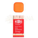 Orangfarbene quadratische bar von koji white reine hautaufhellende seife mit roter und weißer mana shop verpackung