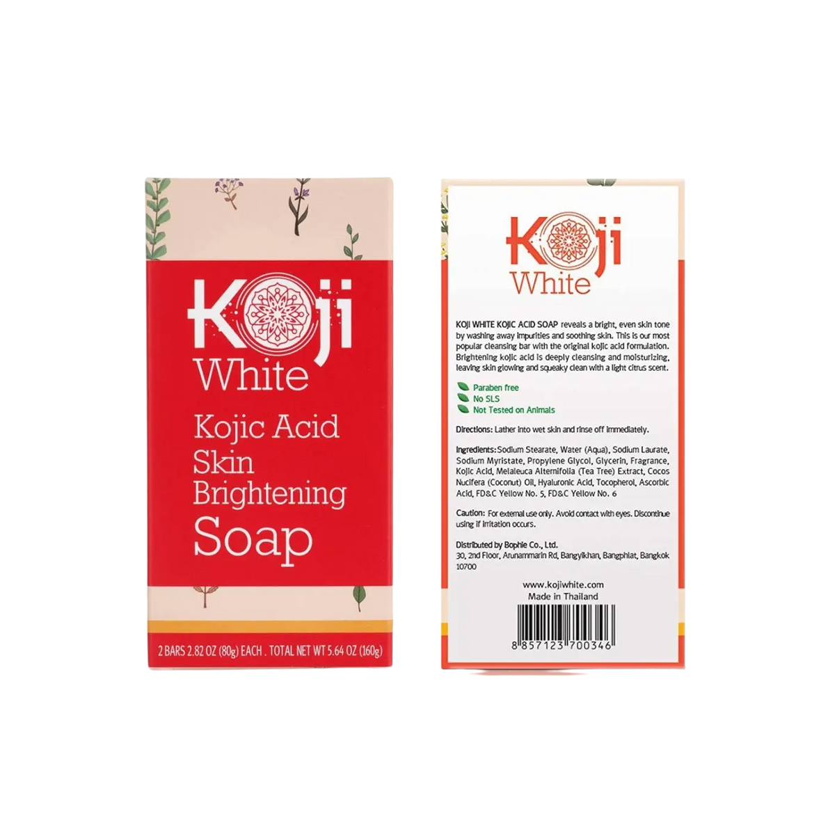 Koji White Reine hautaufhellende Seife mit Kojisäure, rot-weiße Verpackung, zeigt die Seife in einer stilvollen Verpackung.