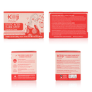 Vier Ansichten der Koji White Kojic Acid Dark Spot Corrector Seifenverpackung mit Inhaltsstoffen und Anweisungen.