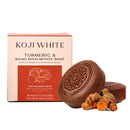 Koji White Kurkuma & Kojic Dipalmitate Seife, natürliche Seife mit gelber Kurkuma- und weißer Seifenbasis, Nahaufnahme