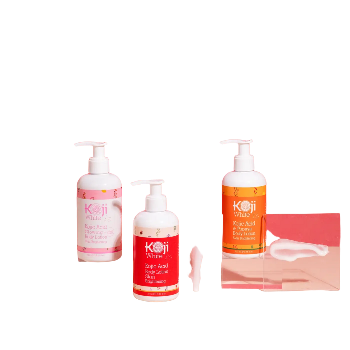 Zwei Flaschen Koji White Papaya Körperlotion mit Kojic Acid, 2 × 250 ml, für gepflegte, gleichmäßige Haut.