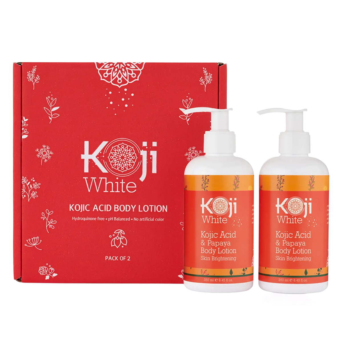 Zwei Flaschen Koji White Papaya Körperlotion mit Kojic Acid, 2 × 250 ml, für gepflegte und strahlende Haut.