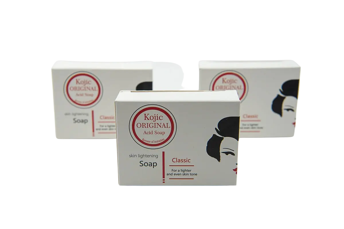 Afinity Care Kojic Original Acid Seife für das Gesicht, zeigt die weiße Seifenform mit Produktbeschreibung auf der Verpackung