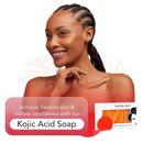 Kojie san original kojic acid seife im weißen karton mit orangen stücken zur behandlung von pigmentflecken und mit teebaumöl