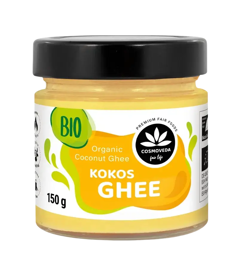 Glasbehälter mit 150g Kokos Ghee, ayurvedisches Kokos- und Butterfett von Cosmoveda in einem klaren Glasbehälter.