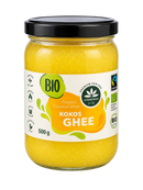 Kokos Ghee von Cosmoveda, ayurvedisches Kokos- und Butterfett, 500g, in einem transparenten Glasbehälter, flüssig und cremig.