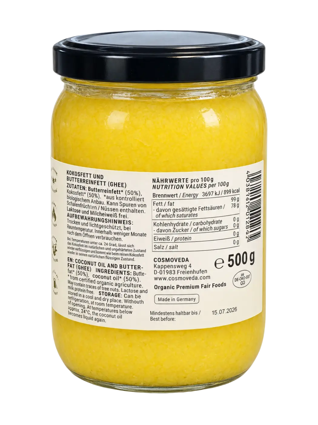 Glasbehälter mit 500g Kokos Ghee aus ayurvedischer Kokos- und Butterfett, von Cosmoveda, in Öl & Fett Sortiment.