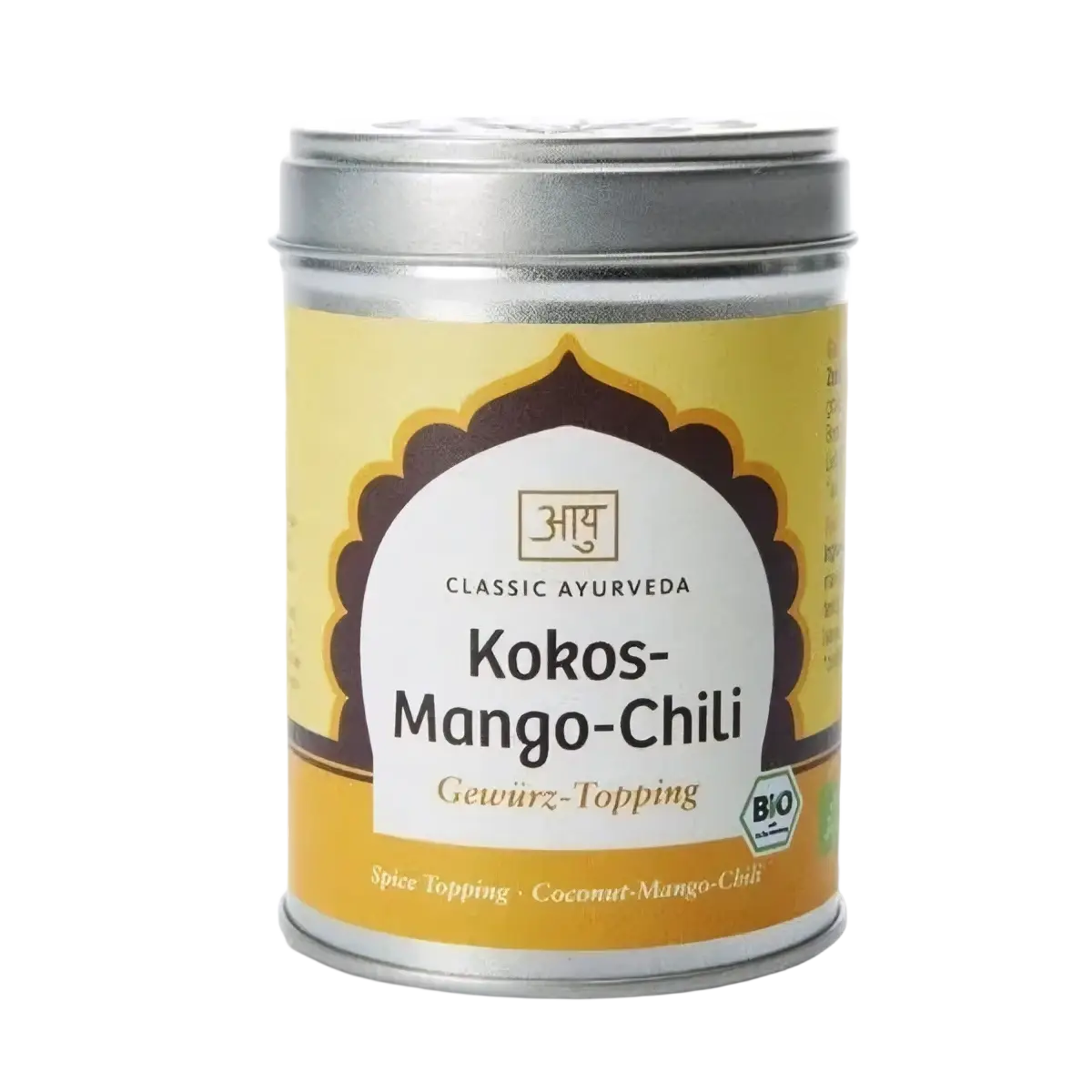 Bio Kokos-Mango-Chili Gewürz von Classic Ayurveda in runder silberner Dose, gelbe Verpackung, frische Gewürzmischung