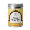 Ein zylindrisches silbernes blech mit gelbem classic ayurveda label für kokos-mango-chili bio gewürztopping von mana shop