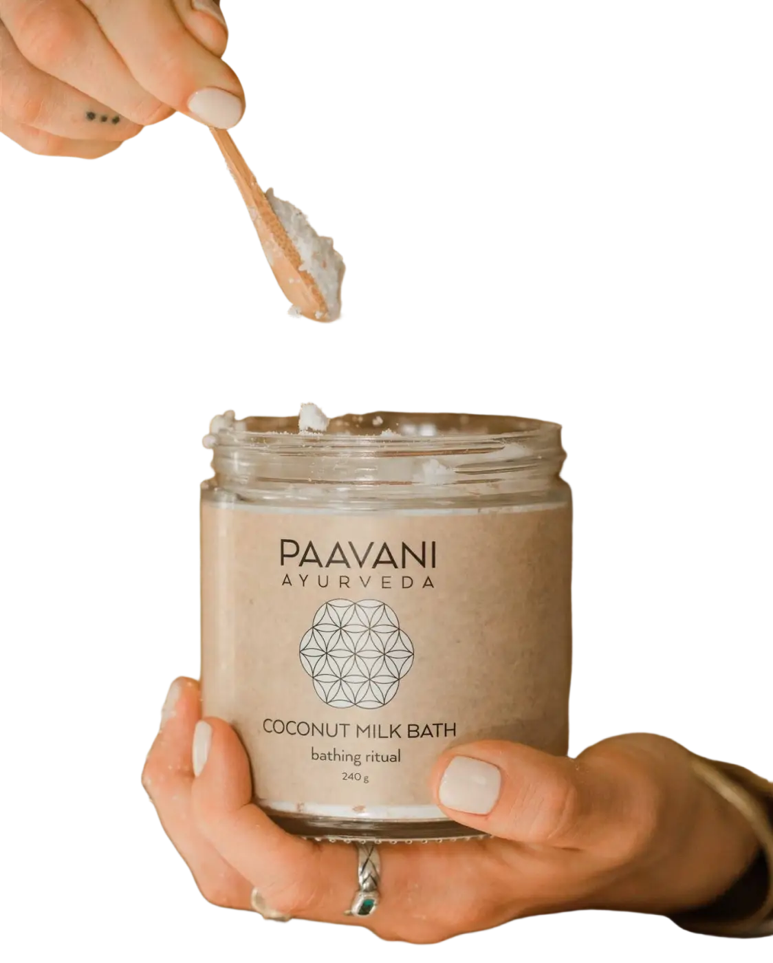 PAAVANI Ayurveda Kokosmilchbad Badesalz für die Haut, cremiges Kokosmilchbad mit Kräutern in 280g Verpackung