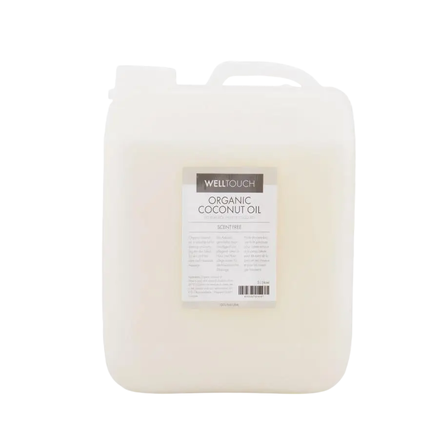 Halbtransparentes, weißes Bio-Kokosöl von WellTouch in 5-Liter-Behälter, geeignet als Körperöl, von Mana Shop.