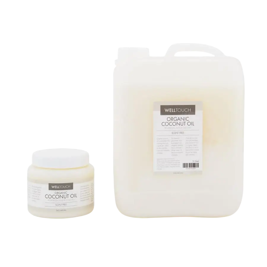 Bio-Kokosöl von WellTouch in einer transparenten Flasche, reines Körperöl mit natürlicher Bioqualität von Mana Shop