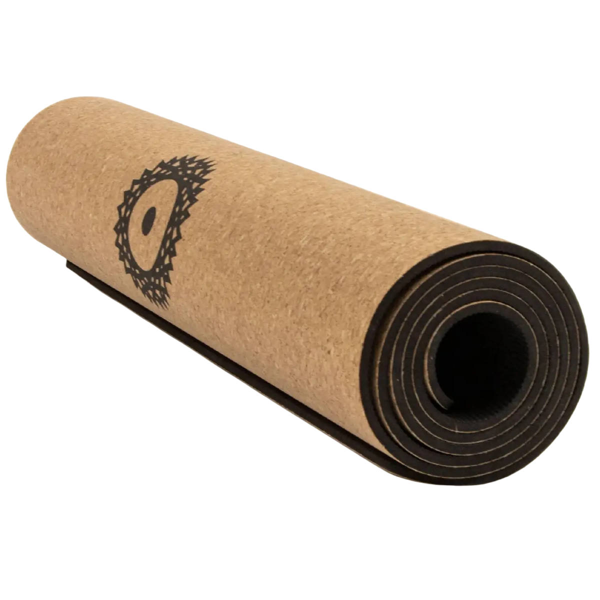 Schwarze, gerollte Kork-Yogamatte von Myga Eco in XL-Größe, kreisförmig, geeignet für Yoga und Fitnessübungen.