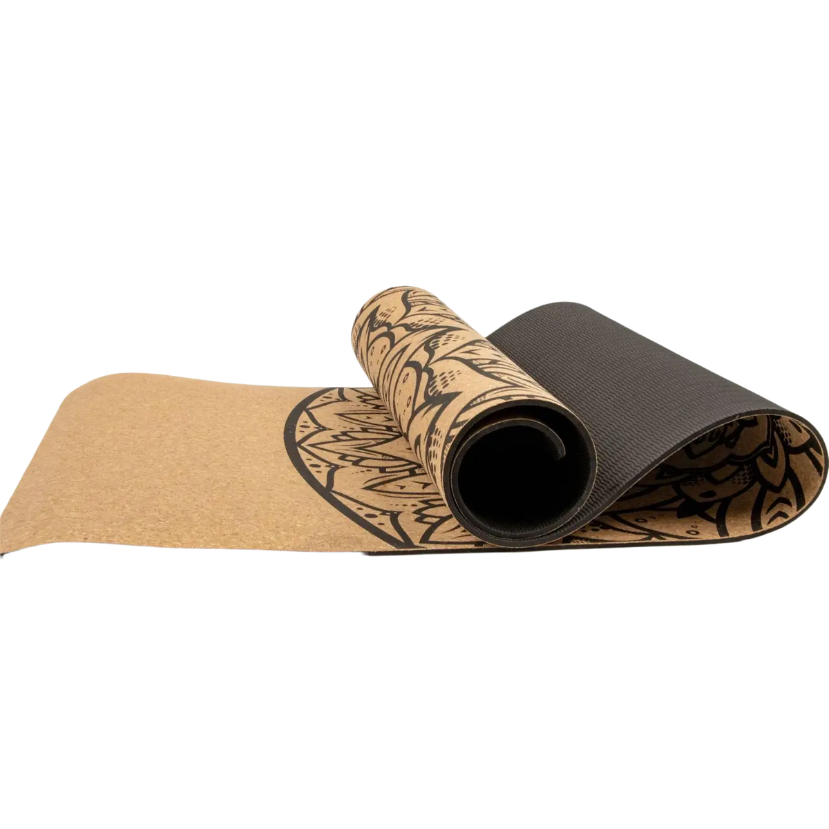 Naturfarbene Kork-Yogamatte von Myga Eco mit schwarzen Mandala-Design, XL-Größe für Yoga und Meditation.
