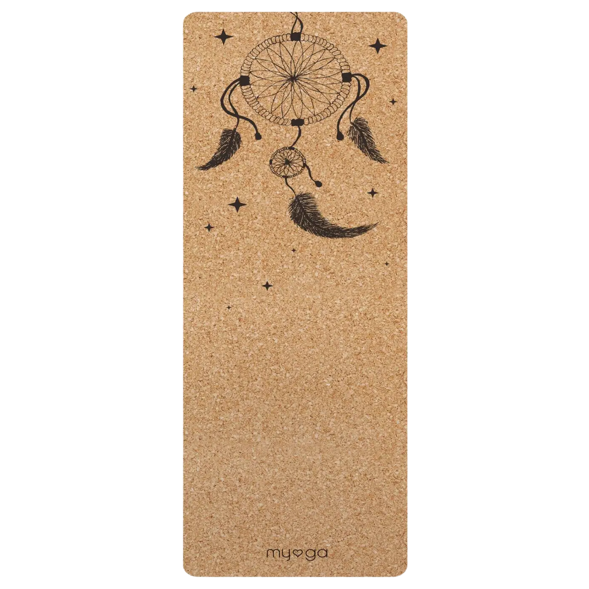 Myga Eco Korkmatte Yoga Yogamatte XL mit Traumfänger-Design, natürliche schwarze Korkoberfläche für umweltfreundliches Yoga.