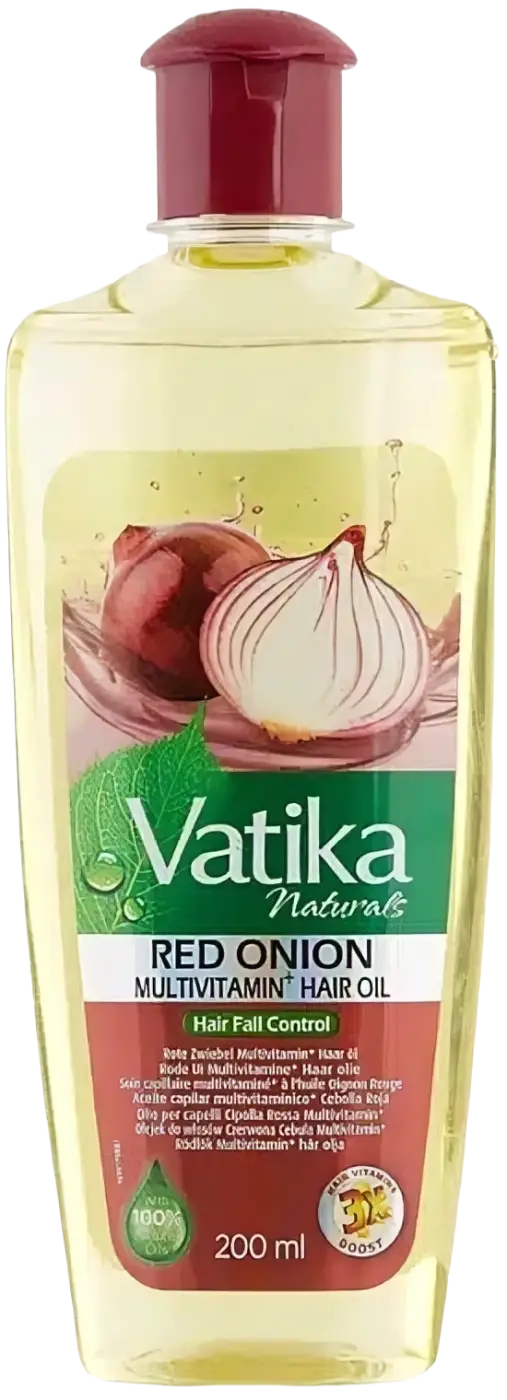 Starkes ayurvedisches Haaröl mit Zwiebel, Schwarzkümmel und Kokos für kräftiges Haar, in einer Flasche.