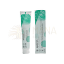Ein weißer schlauch apeiron auromère ayurvedisch kräuter-zahncreme 75ml mit teal grünem blattmuster und passender box