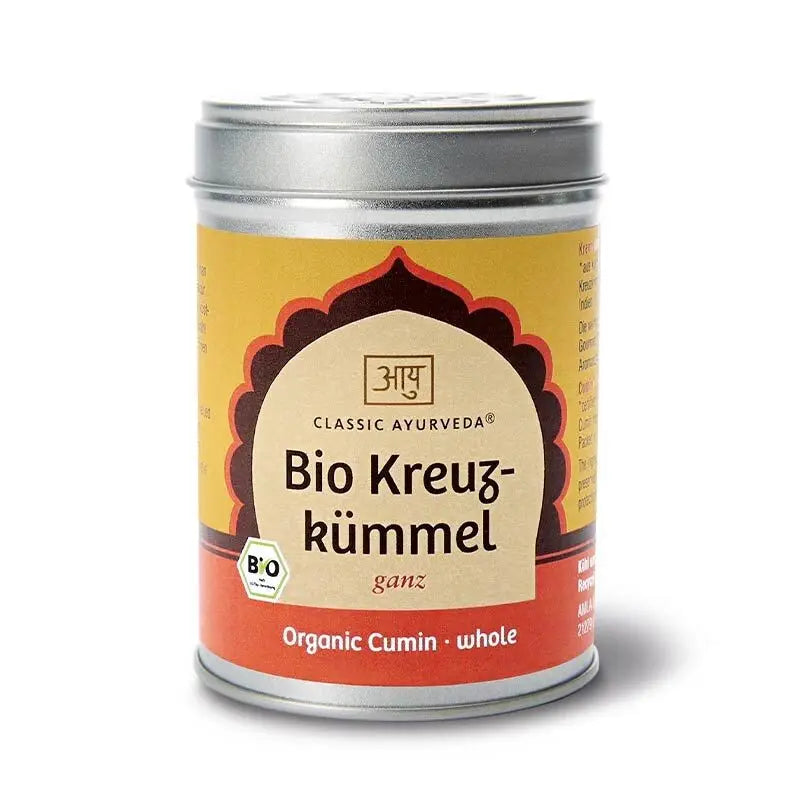 Bio Kreuzkümmel ganz in zylindrischem Metallbehälter, gelbe Verpackung, Gewürz von Classic Ayurveda, 90g.