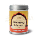 Ein zylindrischer metallbehälter mit gelb-orange etikett bio kreuzkummel ganz von classic ayurveda bei mana shop ideal für vata und kapha pungent katu
