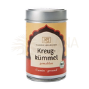 Ein zylindrischer metallbehälter mit silberdeckel und label classic ayurveda kreuz-kümmel gemahlen bio ideal für agni queen spice und digestive fire bei gemüse und dhal