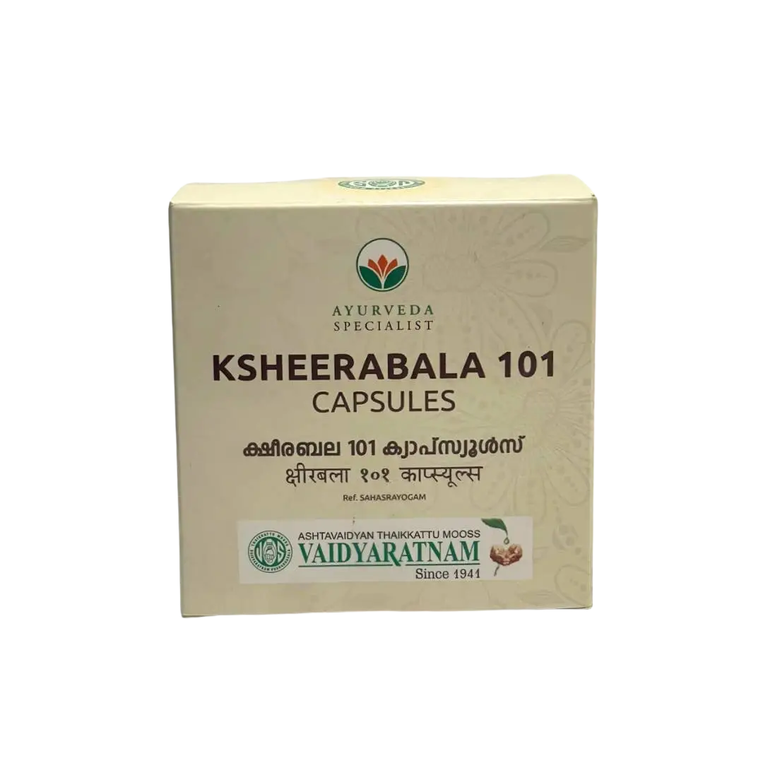 Ksheerabala 101 Nahrungsergänzungsmittel in 100 Kapseln, beige Verpackung, von Ayurveda Specialist B.V.