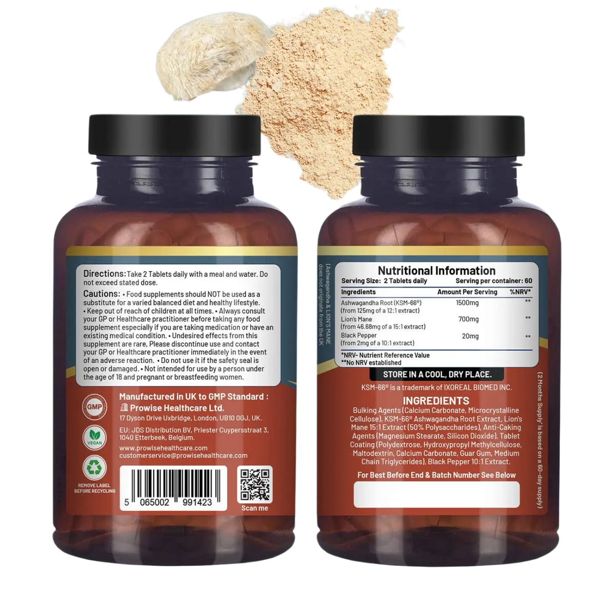 Prowise Healthcare KSM-66 Ashwagandha und Lion’s Mane Tabletten, 2200 mg, Nahrungsergänzung in Tablettenform