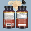 Zwei amberfarbene glasflaschen mit ksm-66 ashwagandha und lion’s mane tabletten, rückseite mit detailliertem label