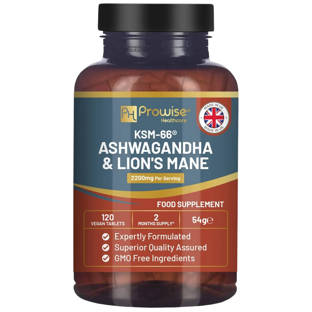 Prowise Healthcare KSM-66 Ashwagandha & Lion’s Mane Nahrungsergänzungstabellen, 2200 mg, in einer Blisterpackung.