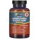Ein dunkles bernsteinfarbenes glasfläschchen mit schwarzem verschluss von prowise healthcare ksm-66 ashwagandha und lions mane mane tabletten food supplement