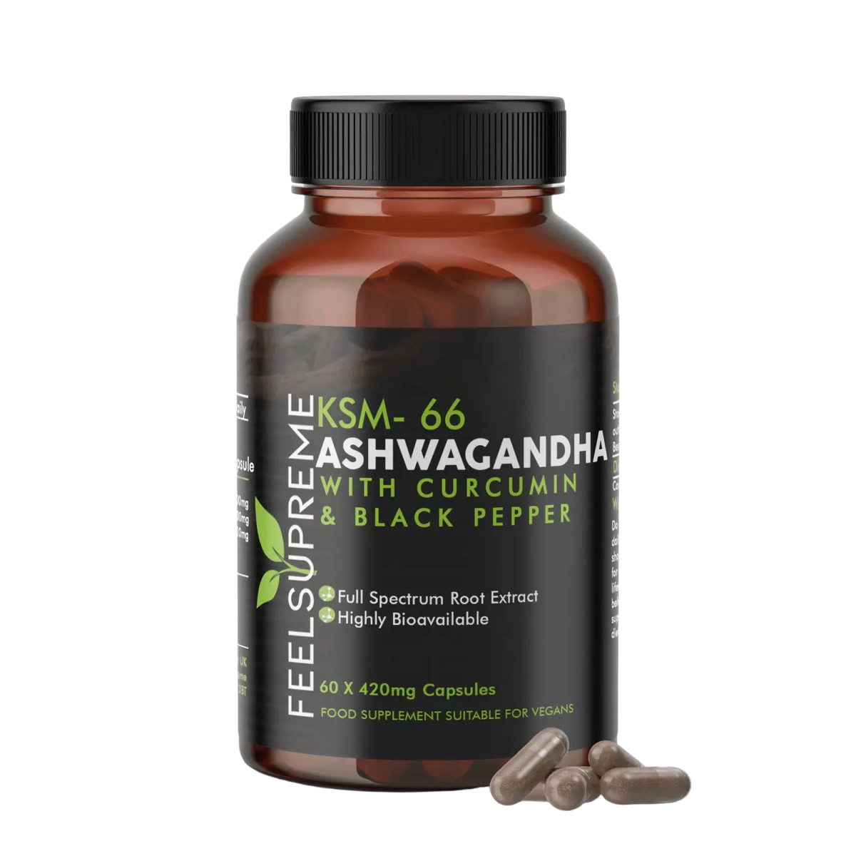 Veganer Nahrungsergänzungsmittel Feel Supreme KSM-66® Ashwagandha mit Kurkumin in Dose, natürlich und hochwertig.
