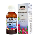 Ein 50ml amber glasflasche nimi ayurveda kumkumadi bio mit weißem schraubverschluss und floraler etikettgestaltung als ayurvedisches elixier für hautleuchtkraft