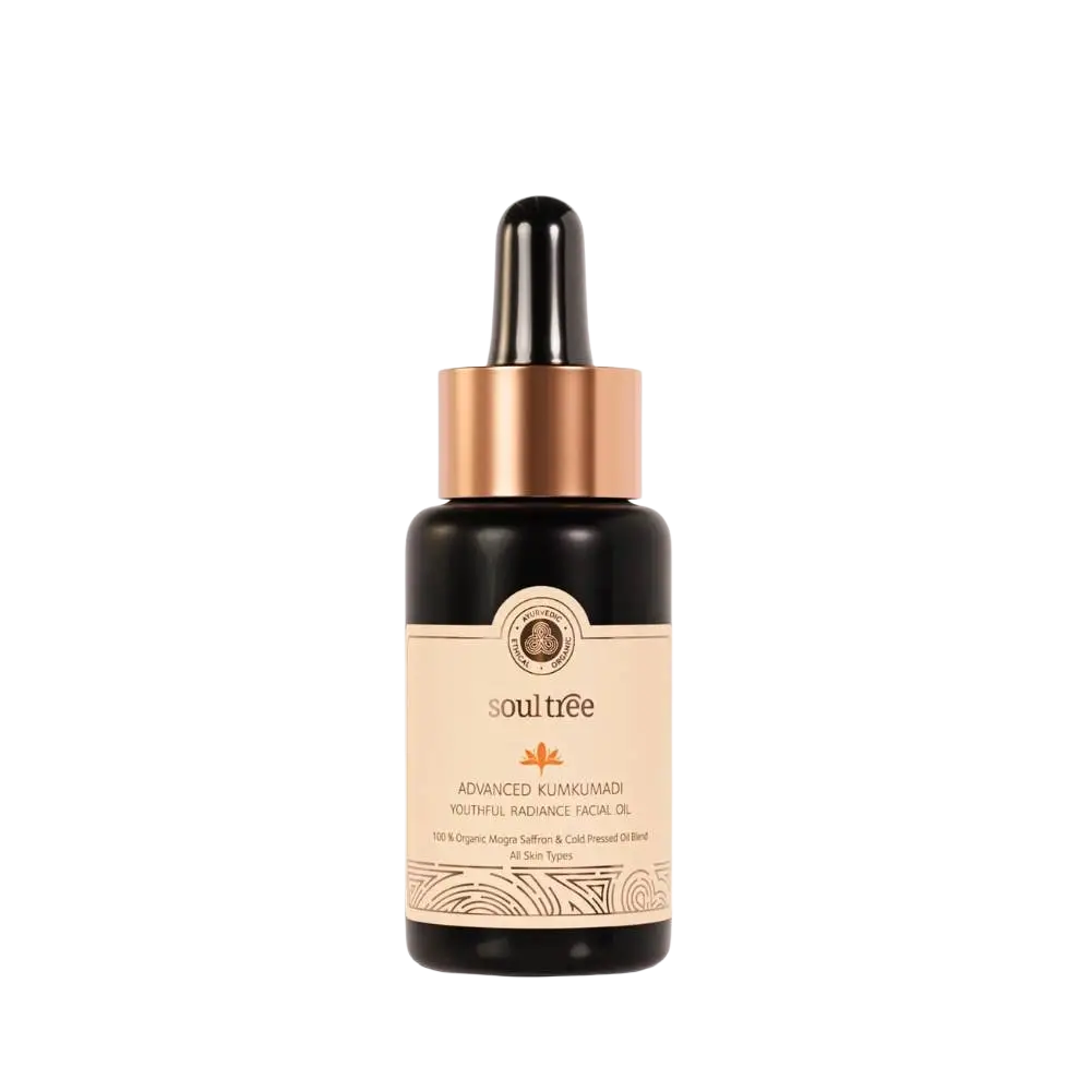 Kumkumadi Gesichtsöl von Ayurveda Specialist B.V., ayurvedisches Schönheitsöl für strahlende, gepflegte Haut, in dunkler Flasche.